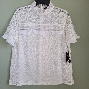 Gibson White Lace Top Large Women's Blouse Short Sleeves.